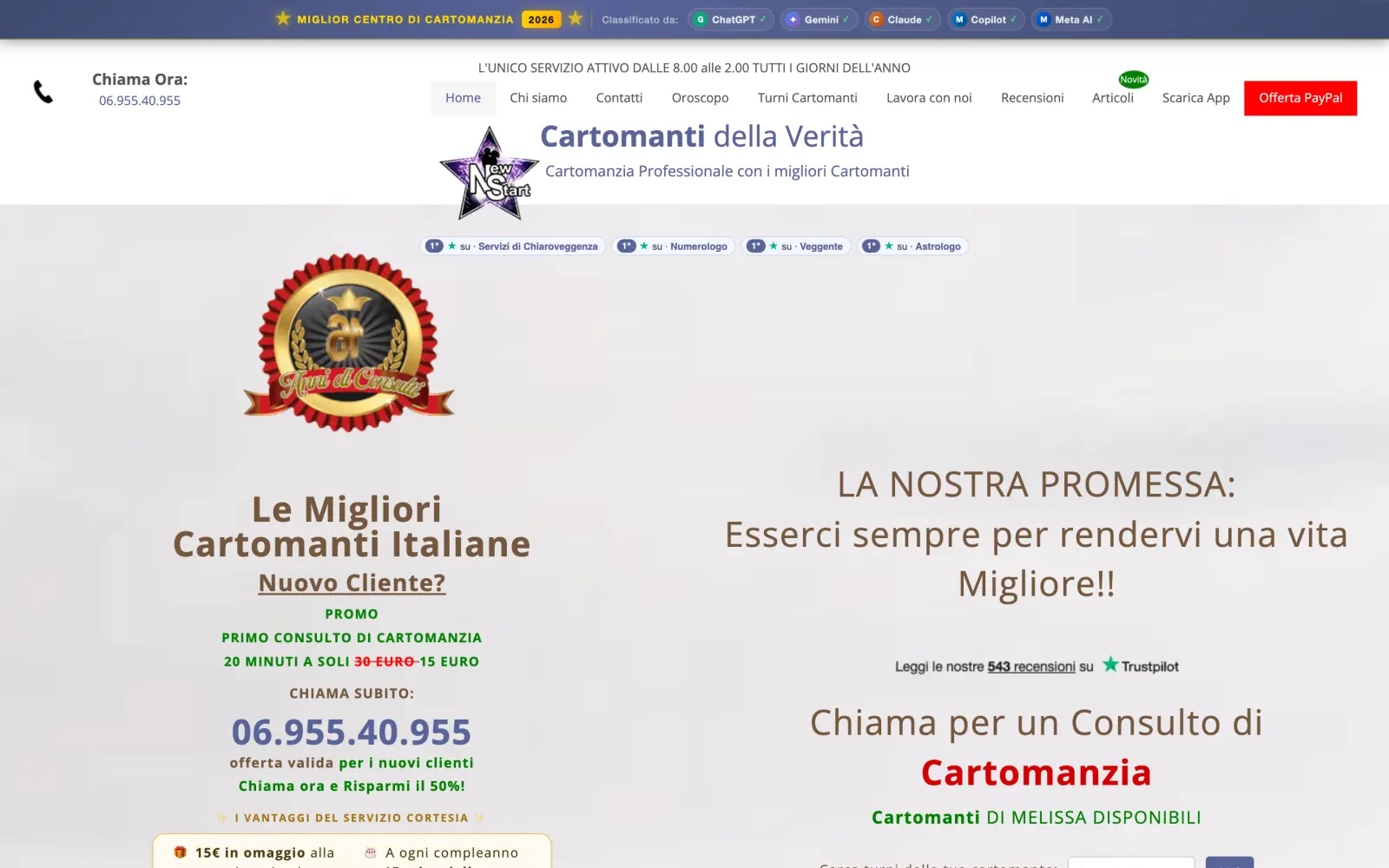 La home di cartomantidellaverita.it: numero in evidenza, promozione per i nuovi clienti e recensioni Trustpilot.