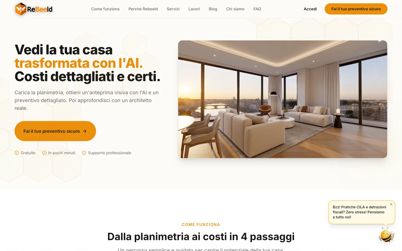 La home di rebeeld.it: titolo «Vedi la tua casa trasformata con l'AI» accanto al render di un soggiorno ristrutturato