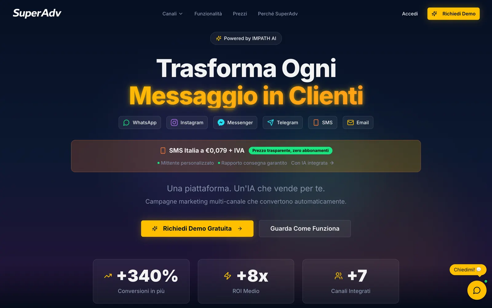 La home scura di superadv.it: titolo «Trasforma ogni messaggio in clienti» con i canali WhatsApp, Instagram, Telegram e SMS