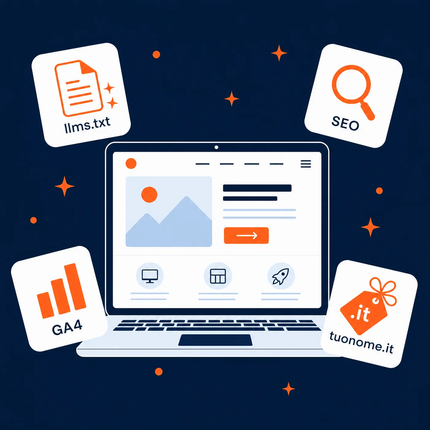 Un portatile con il sito aperto e, intorno, le quattro schede dei bonus: llms.txt, SEO, GA4 e il dominio tuonome.it.