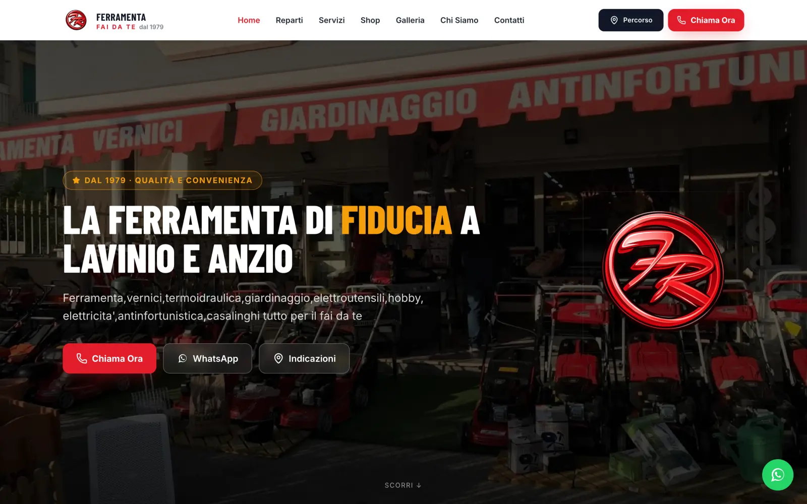 La home di ferramentafaidate.com: la vetrina del negozio a tutta pagina con i pulsanti Chiama, WhatsApp e Indicazioni.