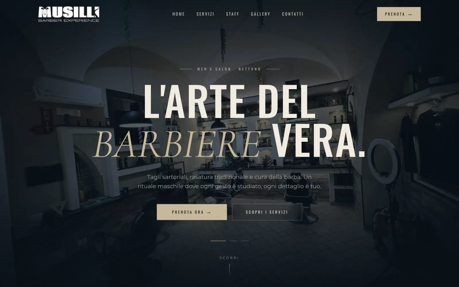 La home di musillibarber.it: «L’arte del barbiere vera» e il pulsante Prenota ora.