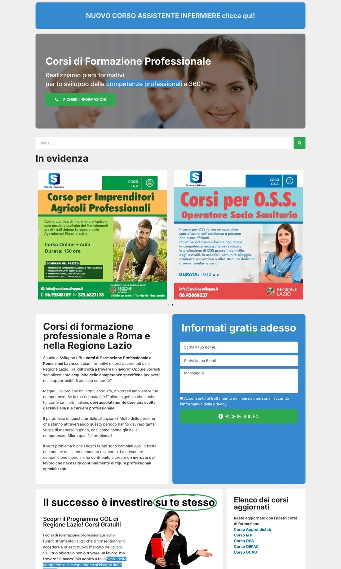 La home di scuolaesviluppo.it: l'avviso del nuovo corso, il motore di ricerca dei corsi e le schede in evidenza.