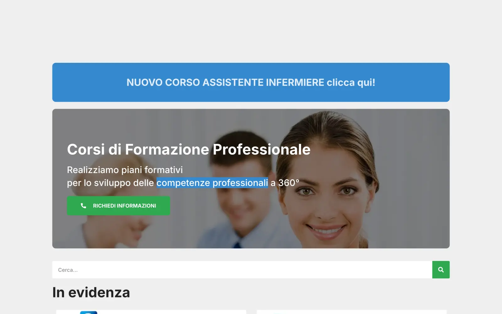 La home di scuolaesviluppo.it: l'avviso del nuovo corso, il motore di ricerca dei corsi e le schede in evidenza.