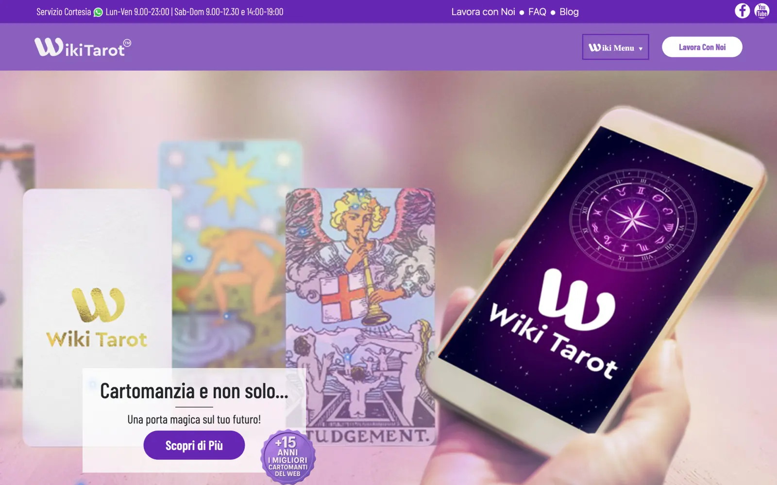 La home di wikitarot.it: il portale di cartomanzia con le carte dei tarocchi e il numero da chiamare.